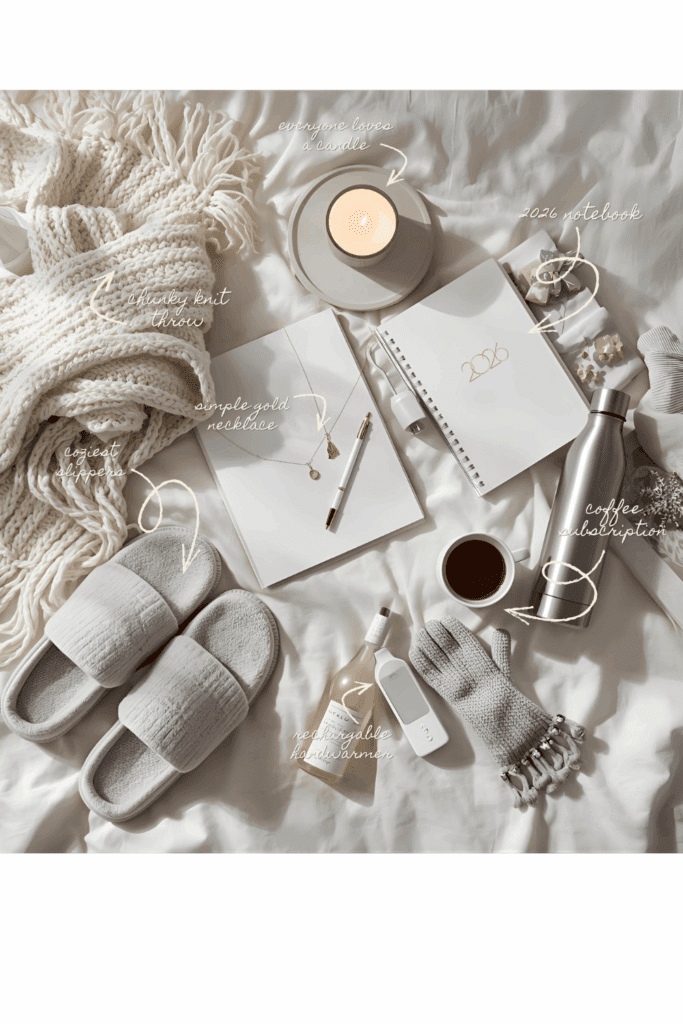 Flat lay of cozy winter themed gift items on a white bed, including a chunky knit throw, gray slippers, a lit candle, gold necklace, notebooks, stainless steel water bottle, cup of coffee, rechargeable hand warmer, mocktail bottle, and gray knit gloves, all arranged in soft white and gray tones with handwritten labels pointing to each item.